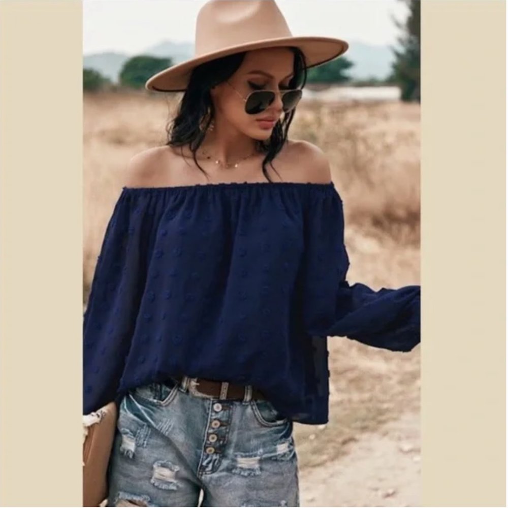 Navy dotted flowy off shoulder long sleeve blouse, size L, new